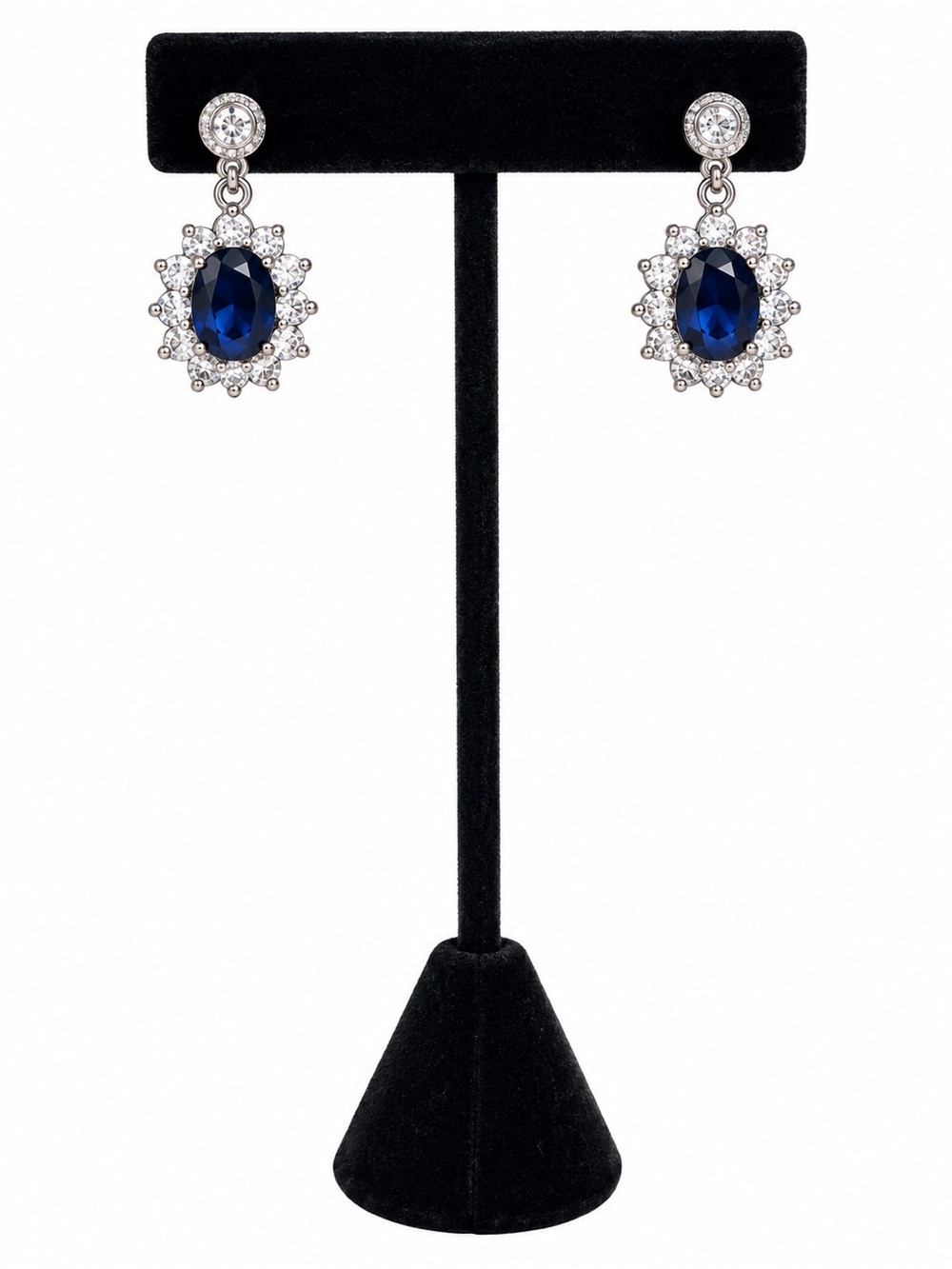 Blue Oval Crystal Halo Drop Earrings Silver Tone 1”